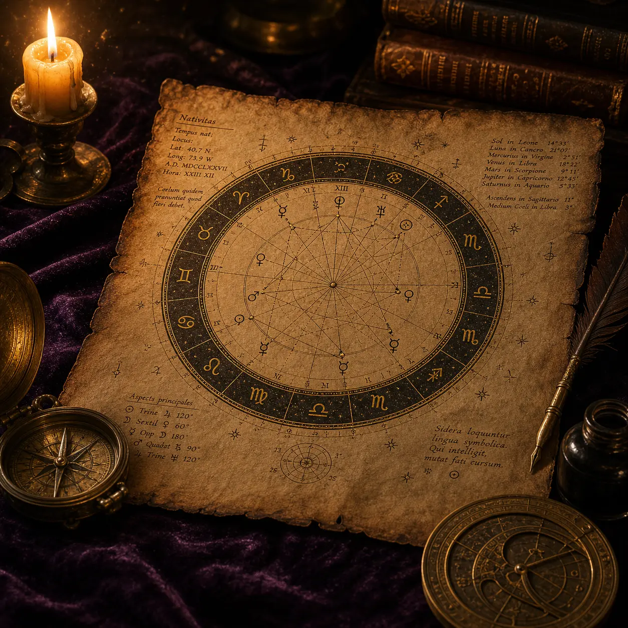 Carta astral antiga em dourado sobre pergaminho e veludo roxo