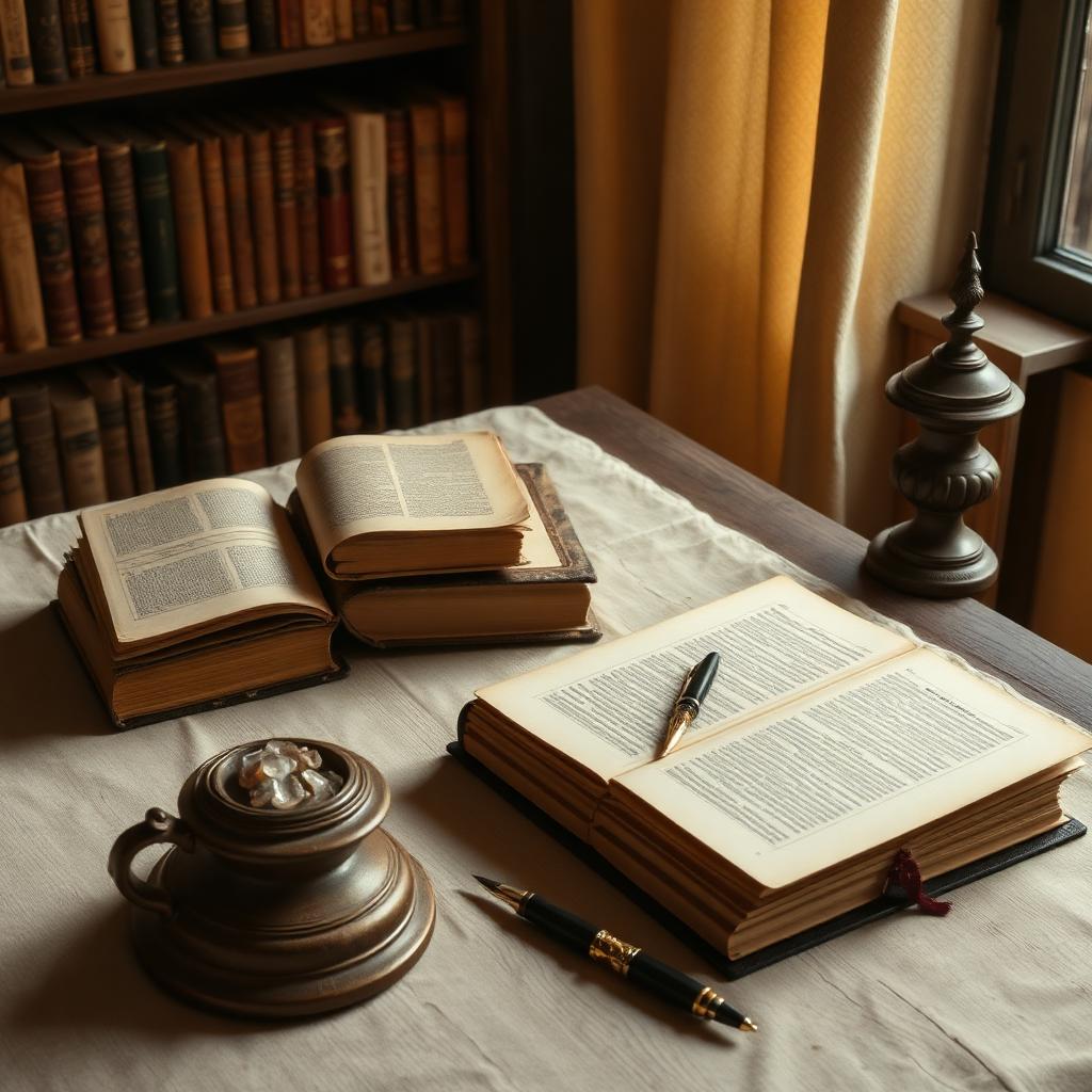 Mesa de estudos com livros antigos, pedras e pergaminho