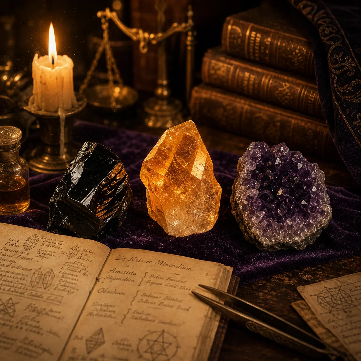 Citrino, obsidiana e ametista em mesa de estudos alquímicos