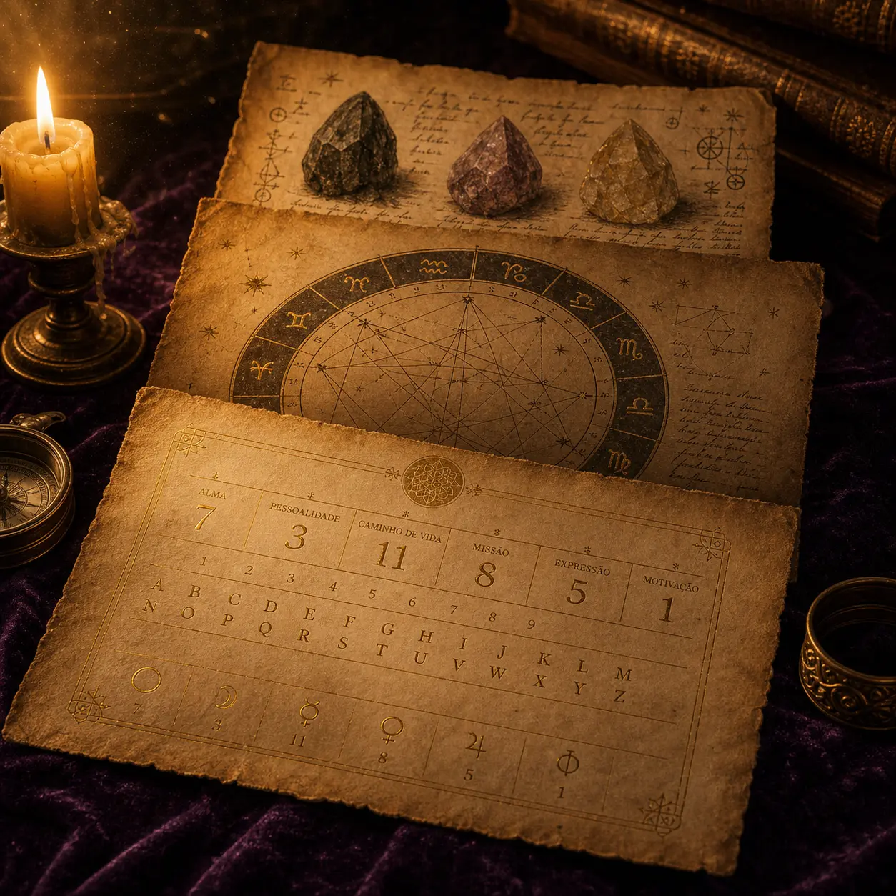Três pergaminhos sobre veludo roxo representando leitura principal, sombra e prática